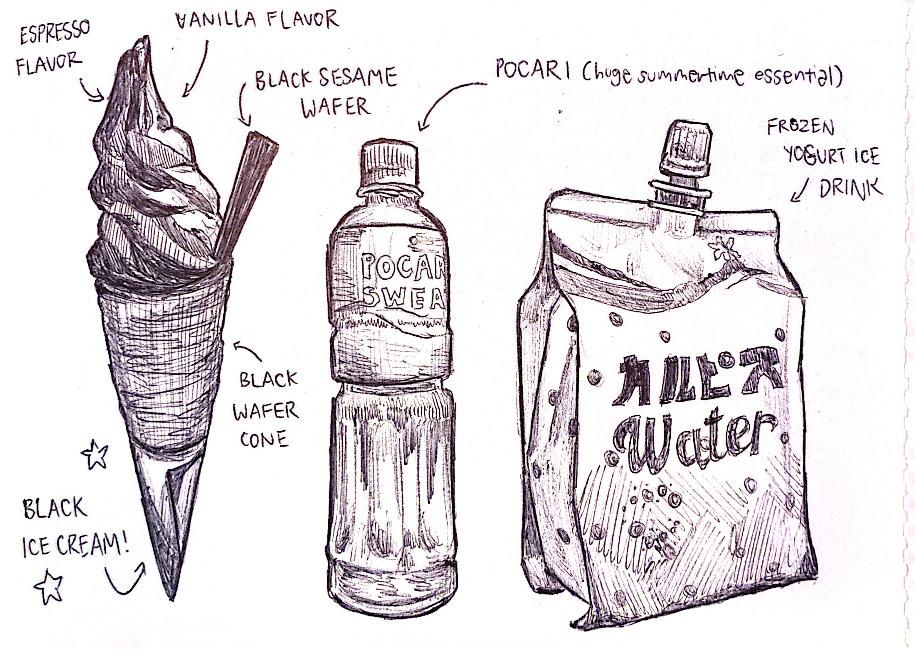 Black Ice Cream, Pocari & Frozen Yogurt Drink