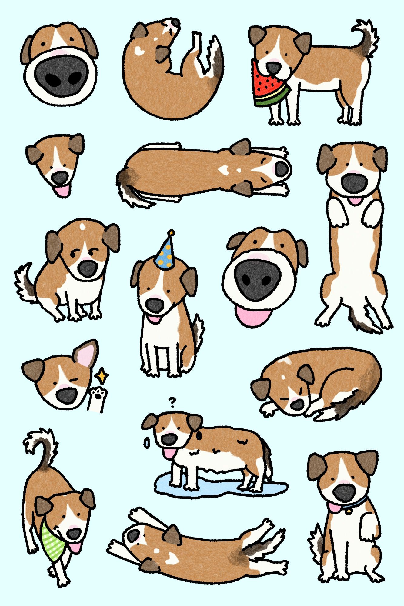 Sticker sheet of a brown and white dog in playful poses