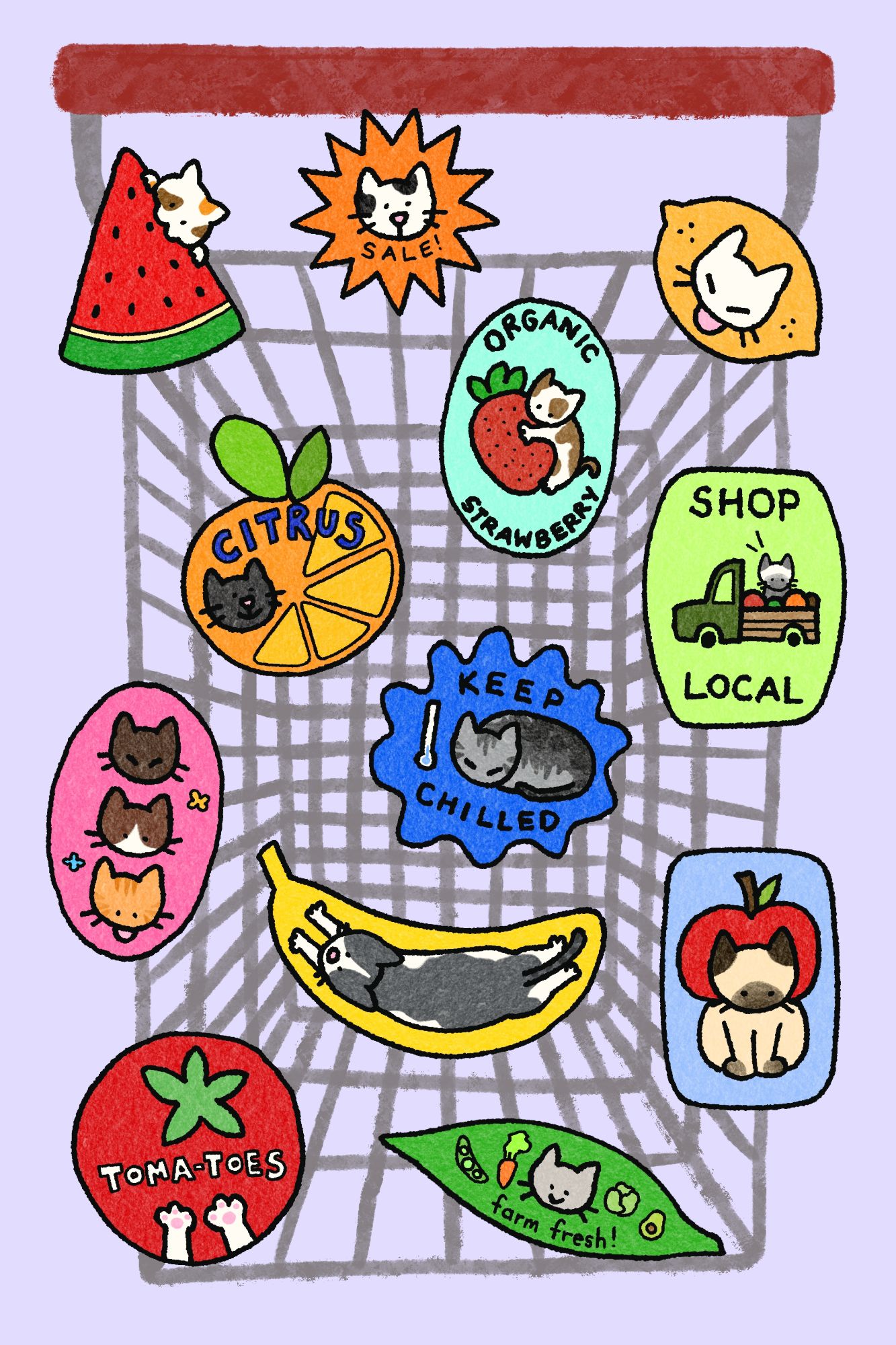 Grocery-themed cat stickers in a shopping cart