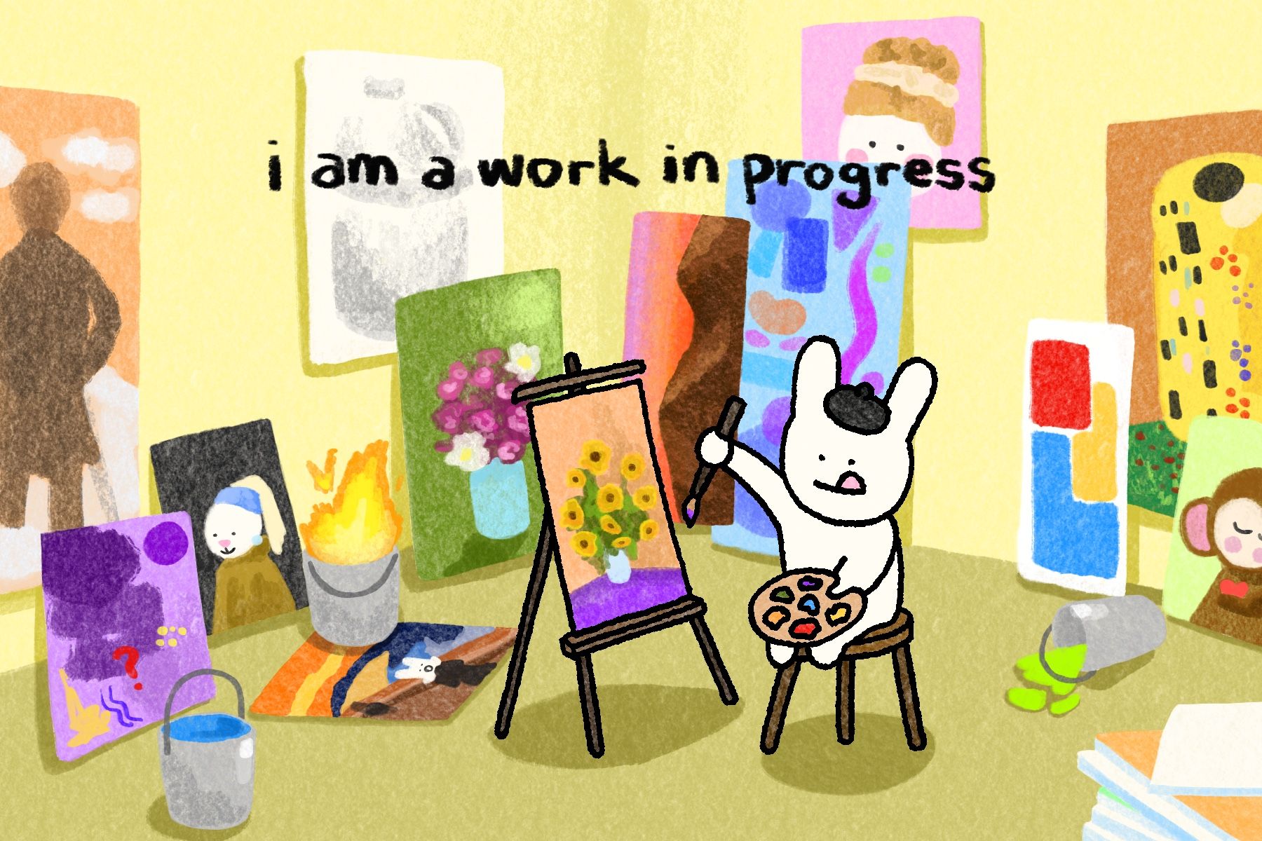 A rabbit painting in an art studio, captioned I am a work in progress